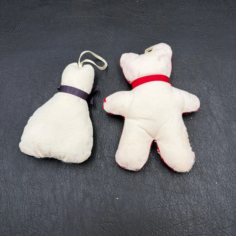 Vintage Handmade Fabric Ornaments Set of 2 Teddy Bear Doll Navy Woven Folk Art